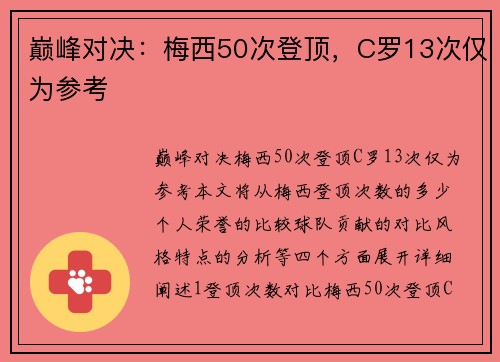 巅峰对决：梅西50次登顶，C罗13次仅为参考